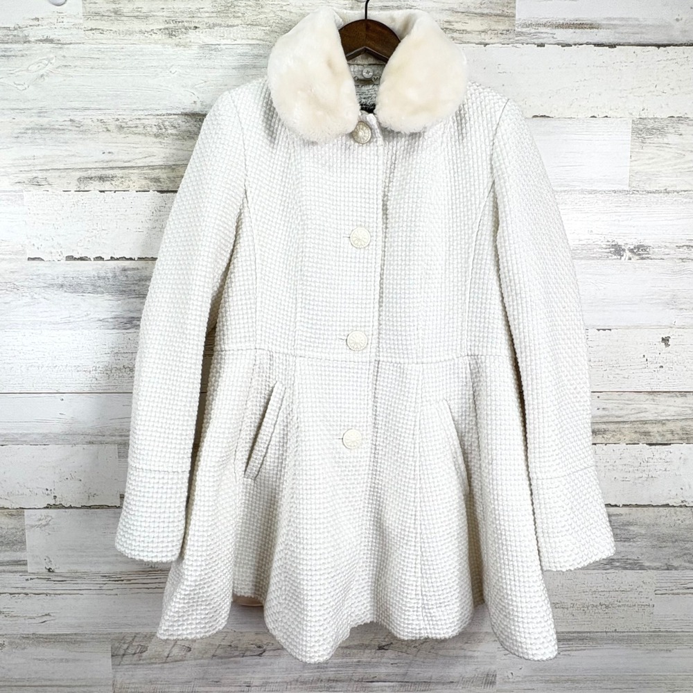 Kensie Womens Pea Coat Faux Fur Removable Collar White Peplum Waffle Knit Size L